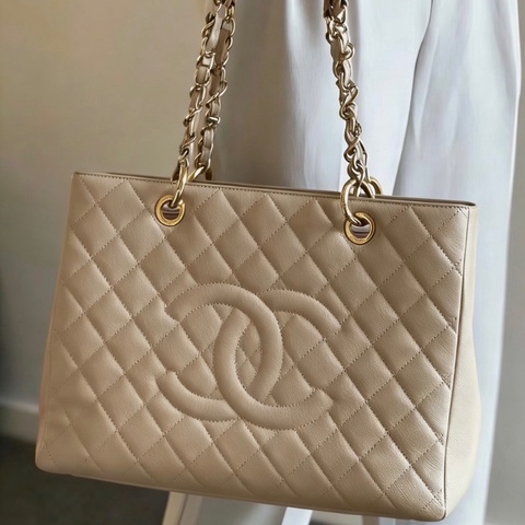Chanel GST奶茶色金扣 荔枝皮34*24*13 99新塵袋盒子保卡