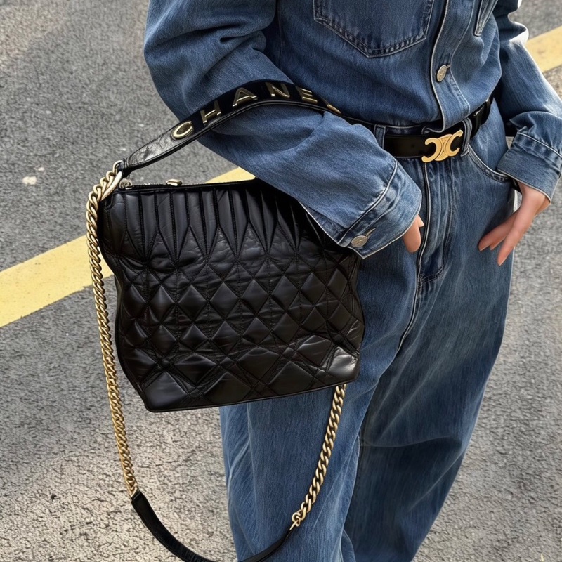 CHANEL黑金油蠟牛皮logo 手柄手提肩背水桶22*20*13 98新配件塵袋-0