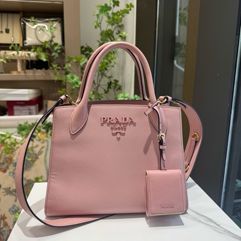 98新普拉達/Prada Monochrome粉色十字紋牛皮手提包 經典logo 金色五金 26×20cm