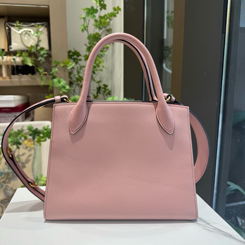 98新普拉達/Prada Monochrome粉色十字紋牛皮手提包 經典logo 金色五金 26×20cm-1