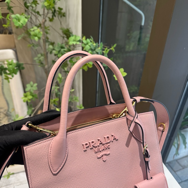 98新普拉達/Prada Monochrome粉色十字紋牛皮手提包 經典logo 金色五金 26×20cm-5
