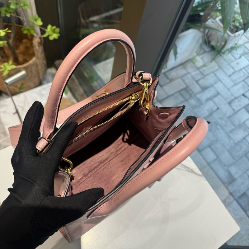 98新普拉達/Prada Monochrome粉色十字紋牛皮手提包 經典logo 金色五金 26×20cm-6