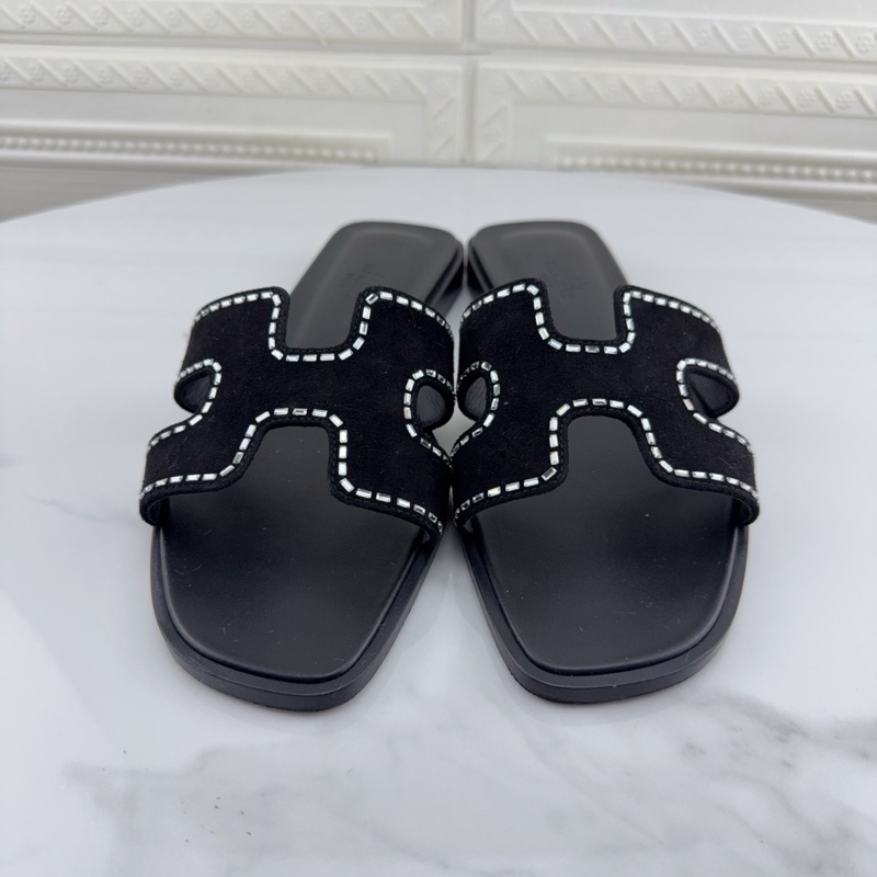 98新Hermes愛馬仕水晶黑色麂皮平底H拖鞋37碼無附件-1