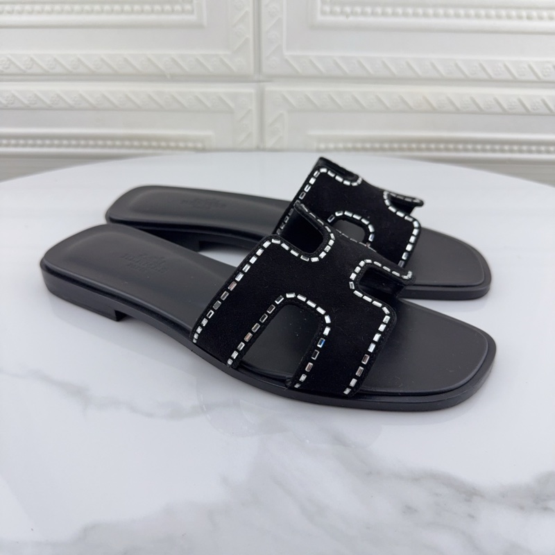 98新Hermes愛馬仕水晶黑色麂皮平底H拖鞋37碼無附件-2