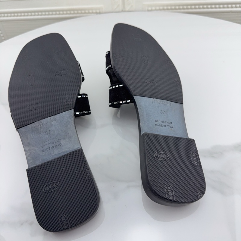 98新Hermes愛馬仕水晶黑色麂皮平底H拖鞋37碼無附件-5