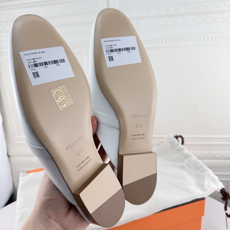 閒置新未使用HERMES愛馬仕 小牛皮 潮流穆勒平底 休閒單鞋 女款 白色 37.5碼-3