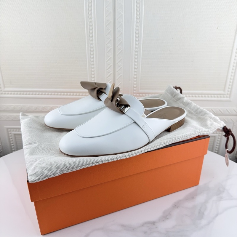 閒置新未使用HERMES愛馬仕 小牛皮 潮流穆勒平底 休閒單鞋 女款 白色 37.5碼-4