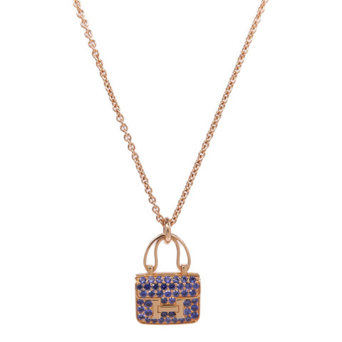 HERMES 18K玫瑰金Amulettes Constance Pendent藍寶石項鍊