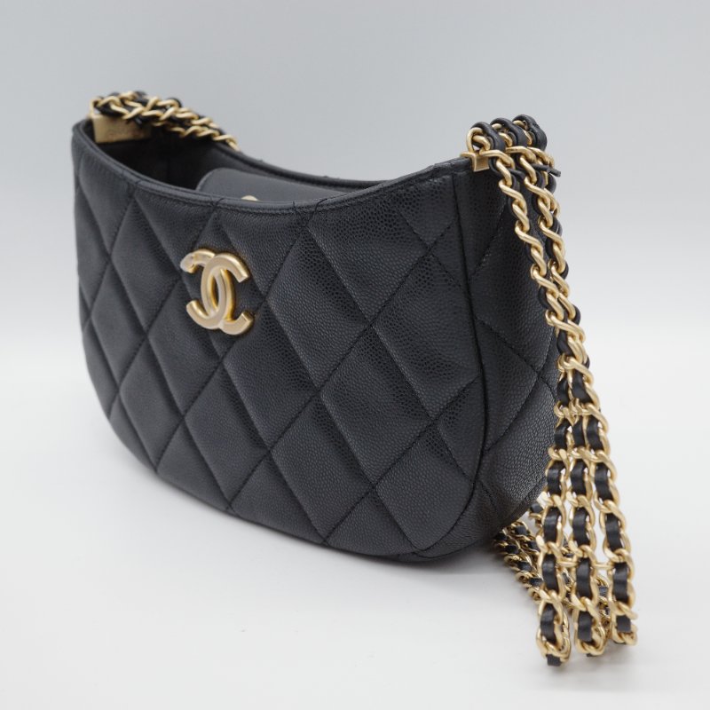 Chanel 香奈兒 Hobo 黑色 荔枝牛皮 月亮包 單肩包 腋下包-12