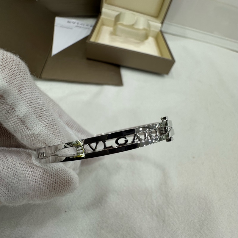 Bvlgari寶格麗 B.ZERO1系列 手鐲 18K白金 鏤空設計 經典BVLGARI字樣 二手22年全套S碼-3