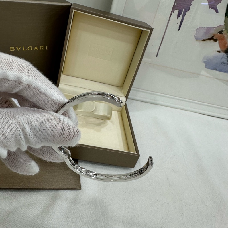Bvlgari寶格麗 B.ZERO1系列 手鐲 18K白金 鏤空設計 經典BVLGARI字樣 二手22年全套S碼-5