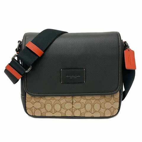 [全新] COACH 織布/牛皮男款掀蓋斜背郵差包(焦糖/黑)