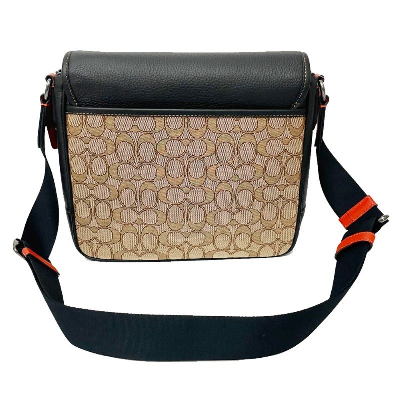 [全新] COACH 織布/牛皮男款掀蓋斜背郵差包(焦糖/黑)-2