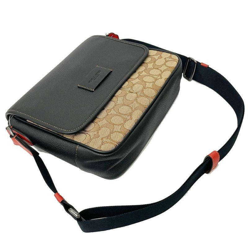 [全新] COACH 織布/牛皮男款掀蓋斜背郵差包(焦糖/黑)-3