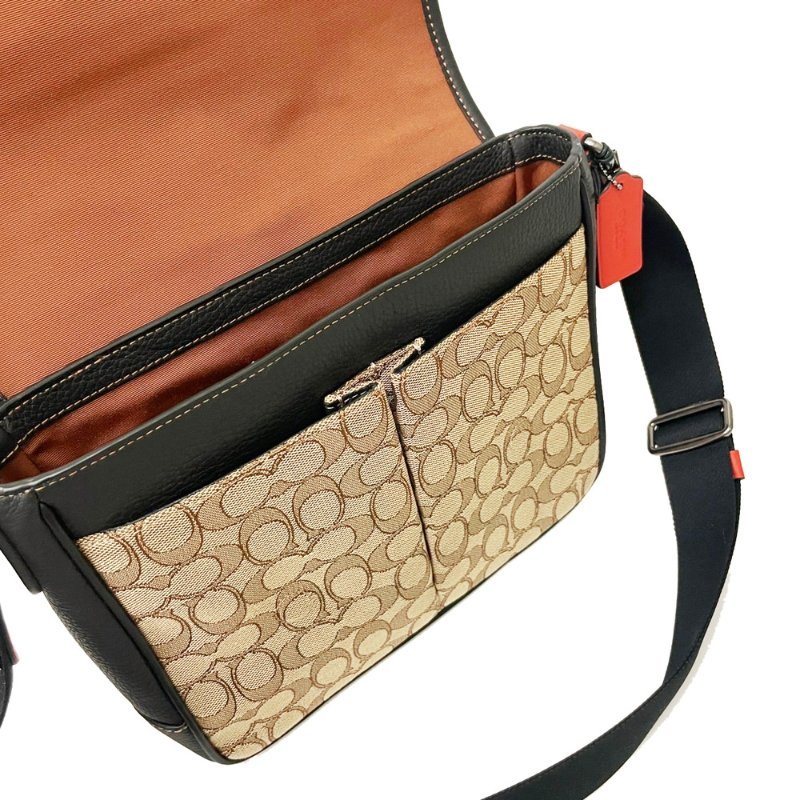 [全新] COACH 織布/牛皮男款掀蓋斜背郵差包(焦糖/黑)-4