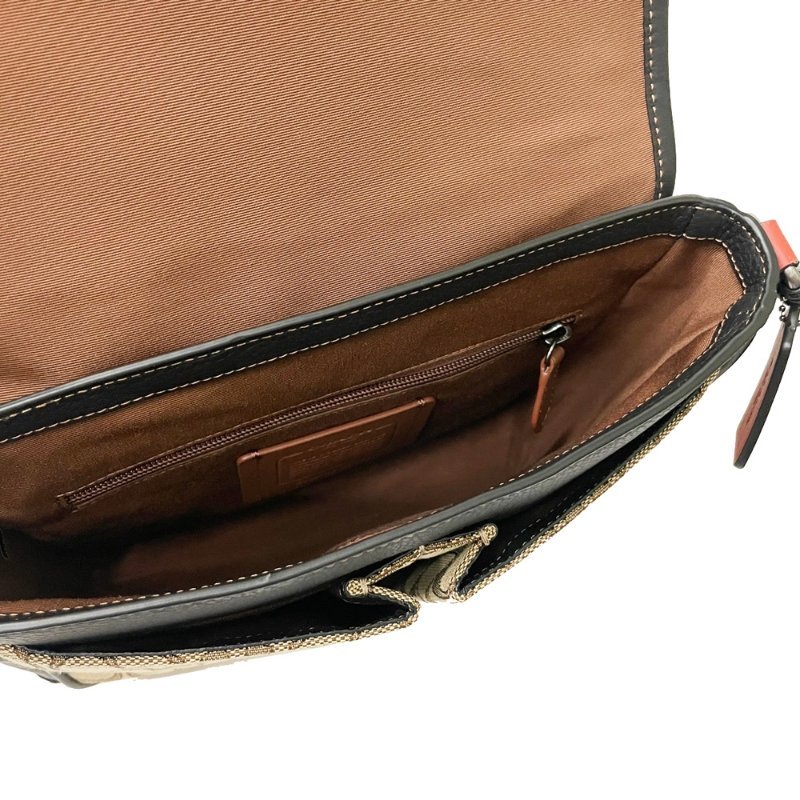 [全新] COACH 織布/牛皮男款掀蓋斜背郵差包(焦糖/黑)-5