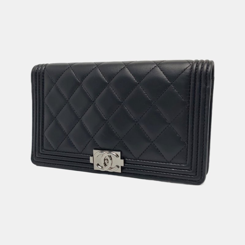 CHANEL BOY CHANEL黑色羊皮菱格紋錢包釘色五金18開-2