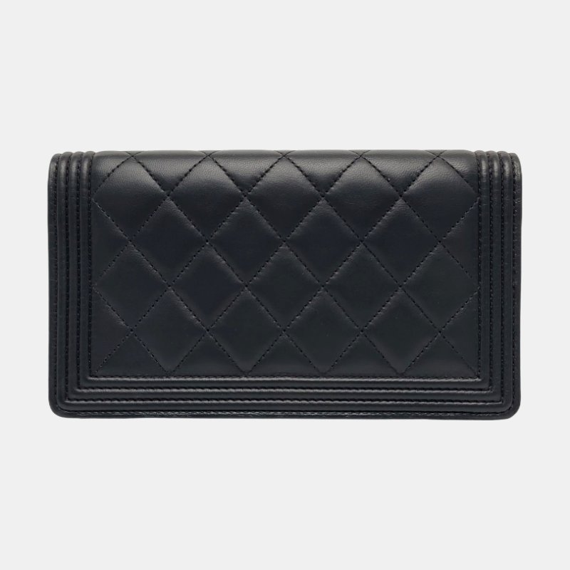 CHANEL BOY CHANEL黑色羊皮菱格紋錢包釘色五金18開-4