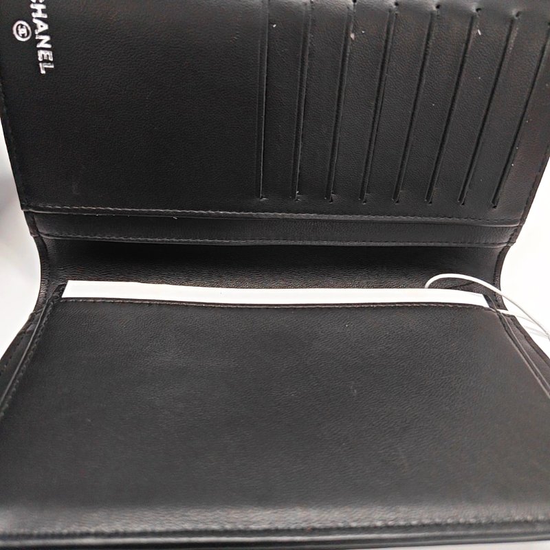 CHANEL BOY CHANEL黑色羊皮菱格紋錢包釘色五金18開-6