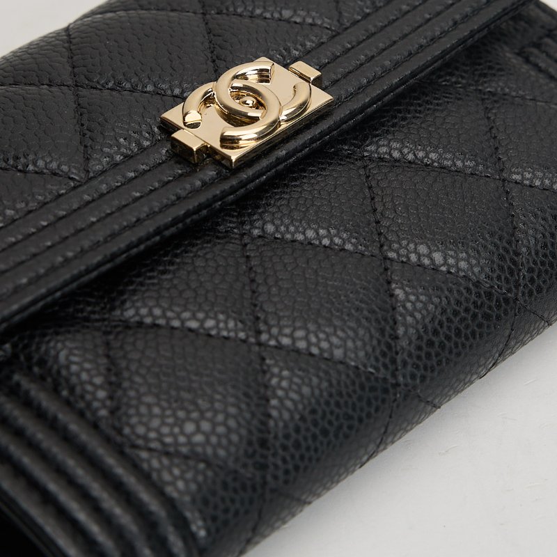 二手Chanel boy 黑金荔枝牛三折中夾-15