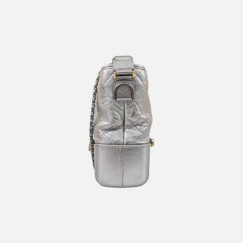 CHANEL GABRIELLE中號銀色牛皮菱格紋絎縫流浪包單肩包手提包金色釘色五金23開可拆卸肩帶-2