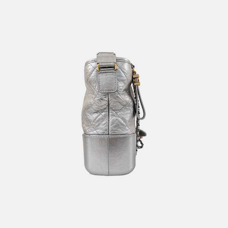 CHANEL GABRIELLE中號銀色牛皮菱格紋絎縫流浪包單肩包手提包金色釘色五金23開可拆卸肩帶-3