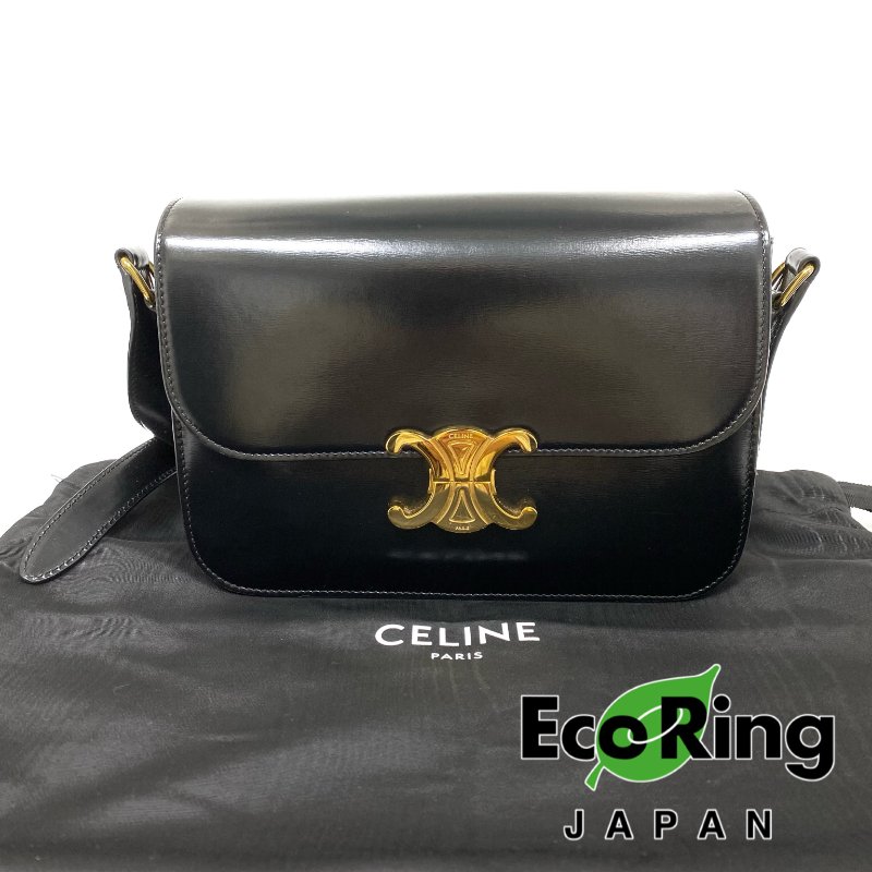 △ Celine 思琳 Medium Classic Triomphe Black Calfskin Shoulder Bag 黑色小牛皮肩背袋 -257027267-0
