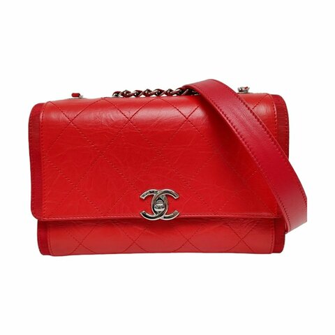 CHANEL紅色牛皮菱格紋絎縫單肩包金色五金25開