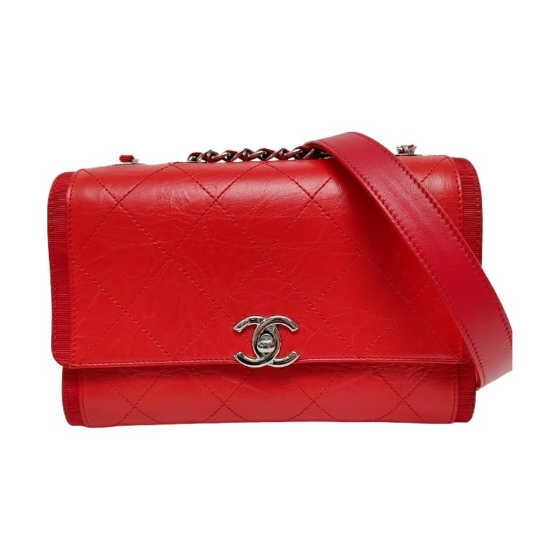 CHANEL紅色牛皮菱格紋絎縫單肩包金色五金25開-0