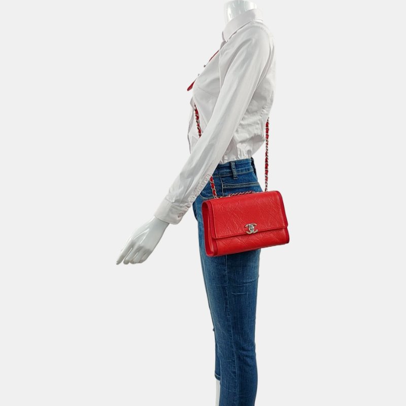 CHANEL紅色牛皮菱格紋絎縫單肩包金色五金25開-1