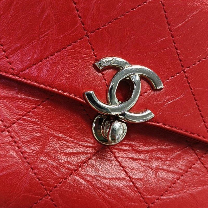 CHANEL紅色牛皮菱格紋絎縫單肩包金色五金25開-9