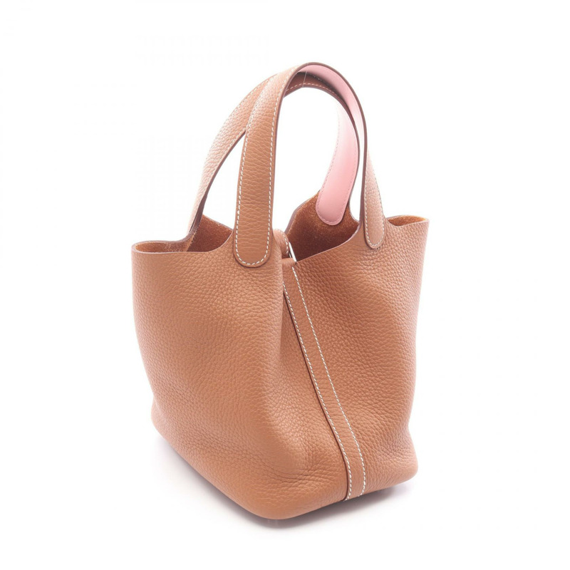 愛馬仕 PicotinLock PM Eclat 手提包，Clemence Swift 皮革，棕色/粉紅色，二手，帶五金配件。-1