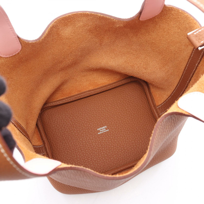 愛馬仕 PicotinLock PM Eclat 手提包，Clemence Swift 皮革，棕色/粉紅色，二手，帶五金配件。-2