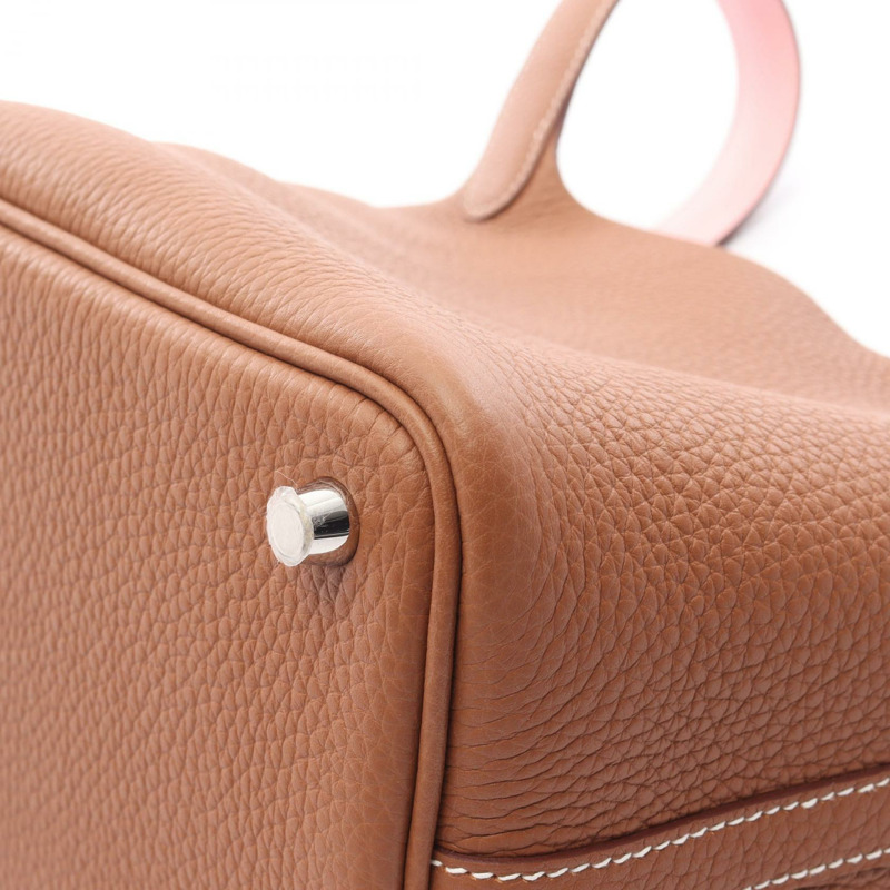 愛馬仕 PicotinLock PM Eclat 手提包，Clemence Swift 皮革，棕色/粉紅色，二手，帶五金配件。-5