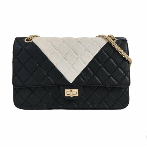 CHANEL 2.55 拼色牛皮菱格紋絎縫單肩包金色五金24開