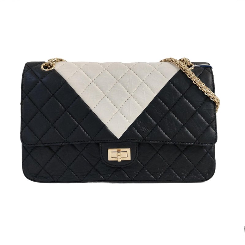 CHANEL 2.55 拼色牛皮菱格紋絎縫單肩包金色五金24開-0