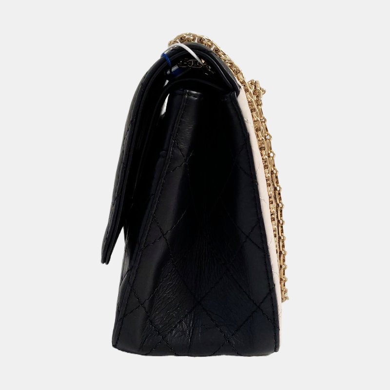 CHANEL 2.55 拼色牛皮菱格紋絎縫單肩包金色五金24開-2