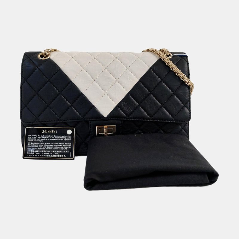 CHANEL 2.55 拼色牛皮菱格紋絎縫單肩包金色五金24開-7