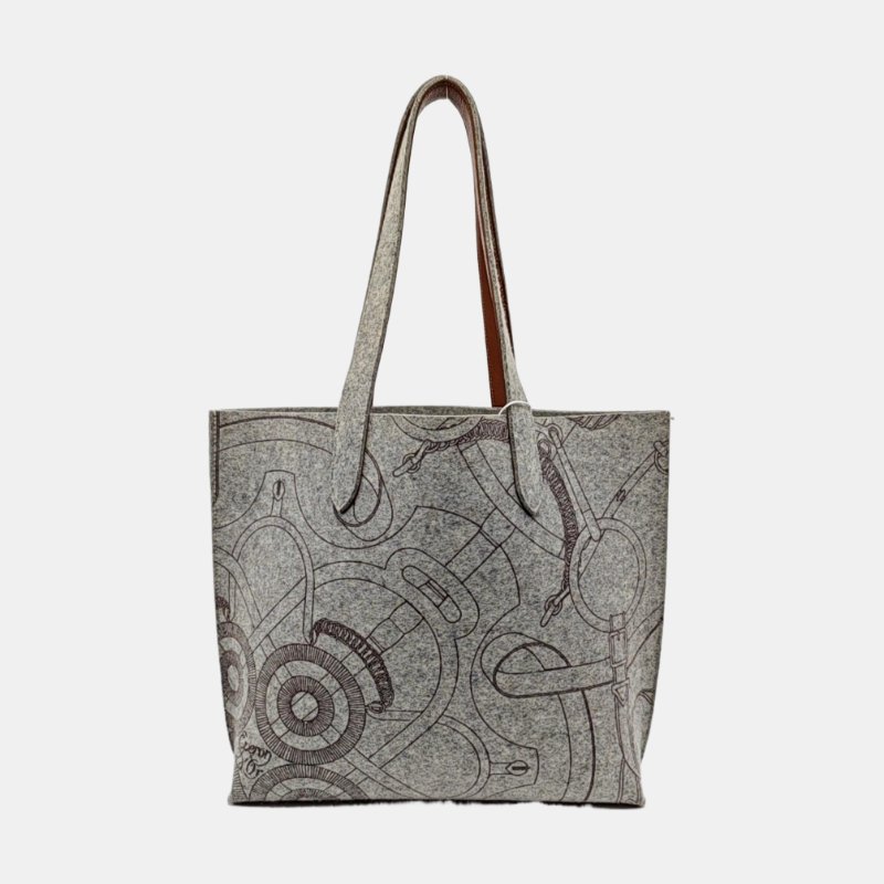 HERMES Karimi灰色毛氈印花單肩包手提包銀色五金 L刻 子袋-4