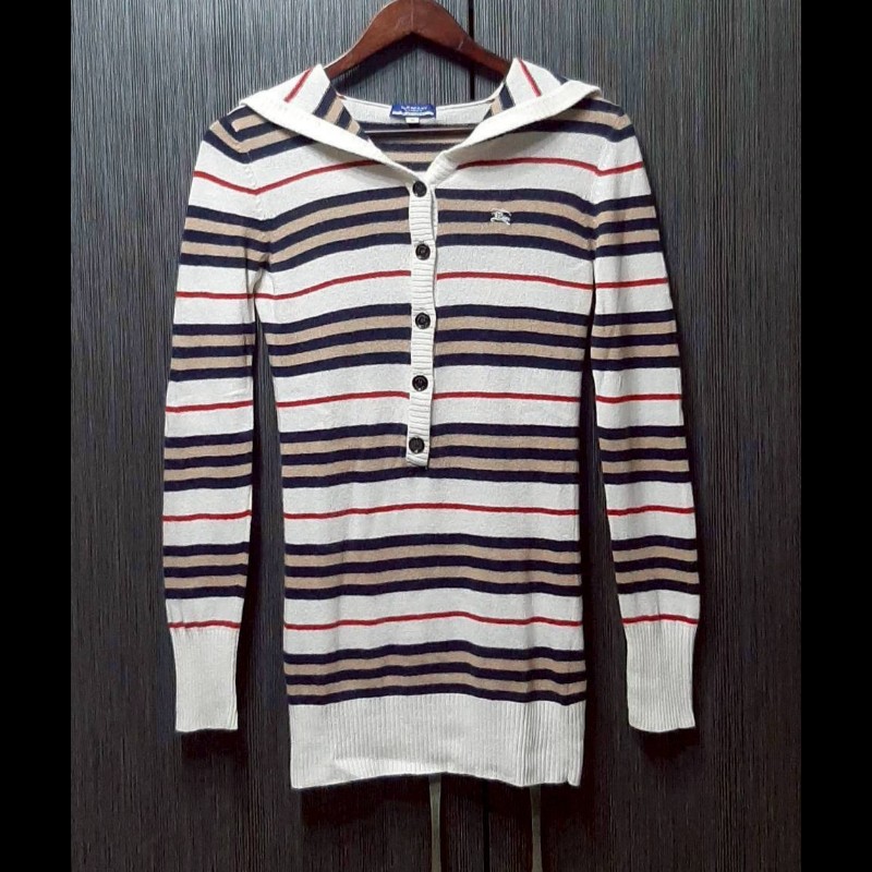 絕版BURBERRY博柏利 BLUE LABEL 藍標 戰馬 女條紋混羊毛羊絨彈性中長版連帽針織衫38號-0