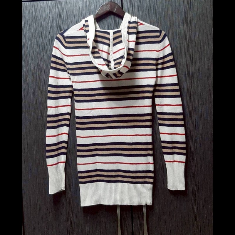 絕版BURBERRY博柏利 BLUE LABEL 藍標 戰馬 女條紋混羊毛羊絨彈性中長版連帽針織衫38號-1