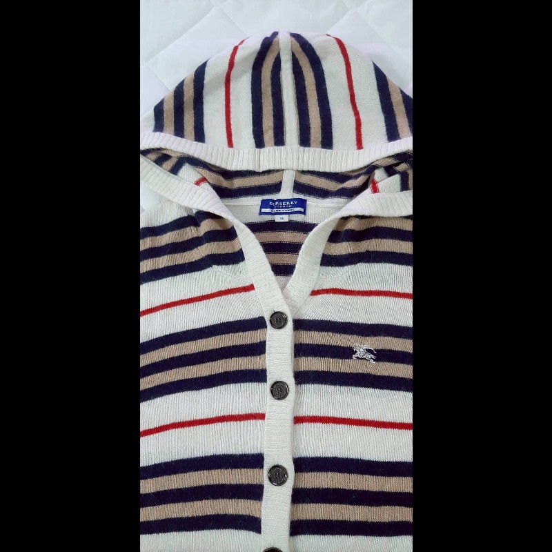 絕版BURBERRY博柏利 BLUE LABEL 藍標 戰馬 女條紋混羊毛羊絨彈性中長版連帽針織衫38號-2