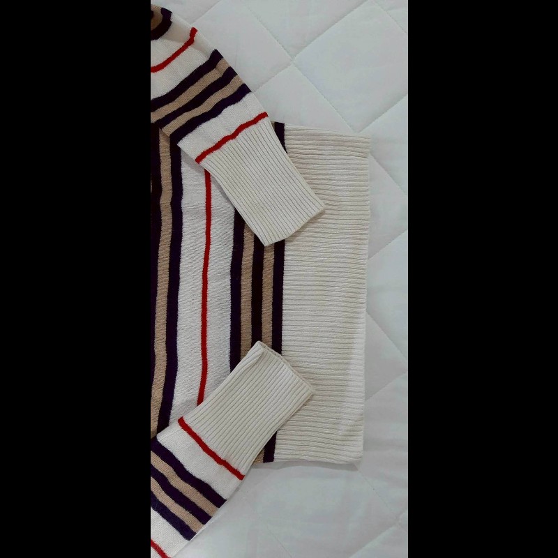 絕版BURBERRY博柏利 BLUE LABEL 藍標 戰馬 女條紋混羊毛羊絨彈性中長版連帽針織衫38號-4