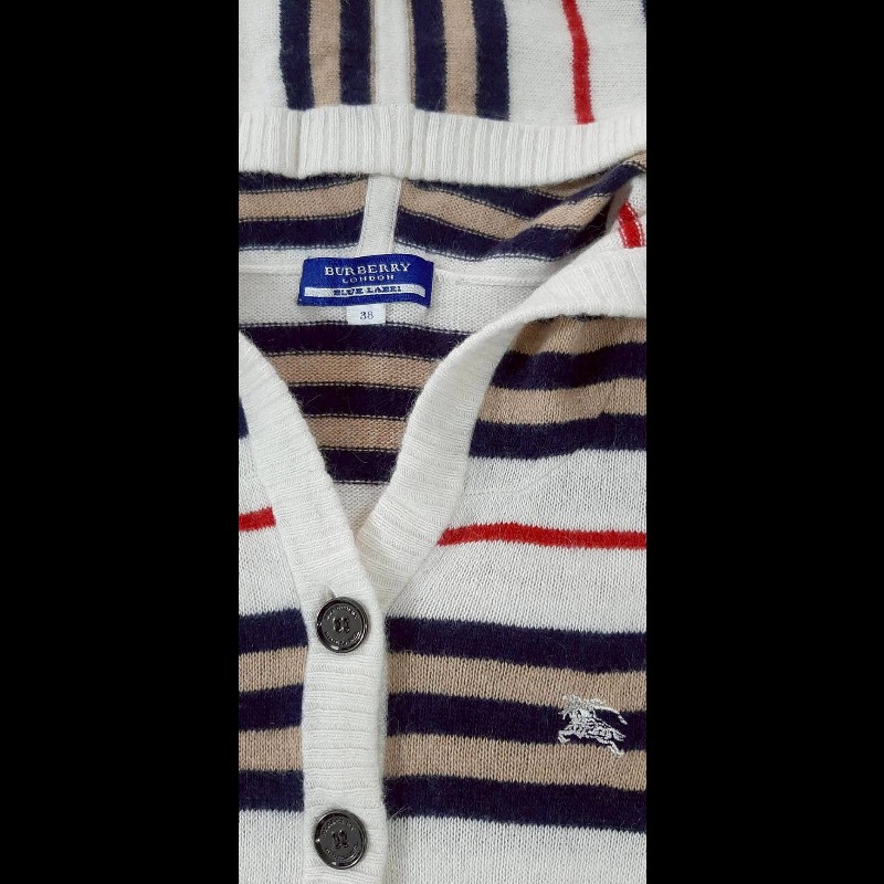 絕版BURBERRY博柏利 BLUE LABEL 藍標 戰馬 女條紋混羊毛羊絨彈性中長版連帽針織衫38號-7