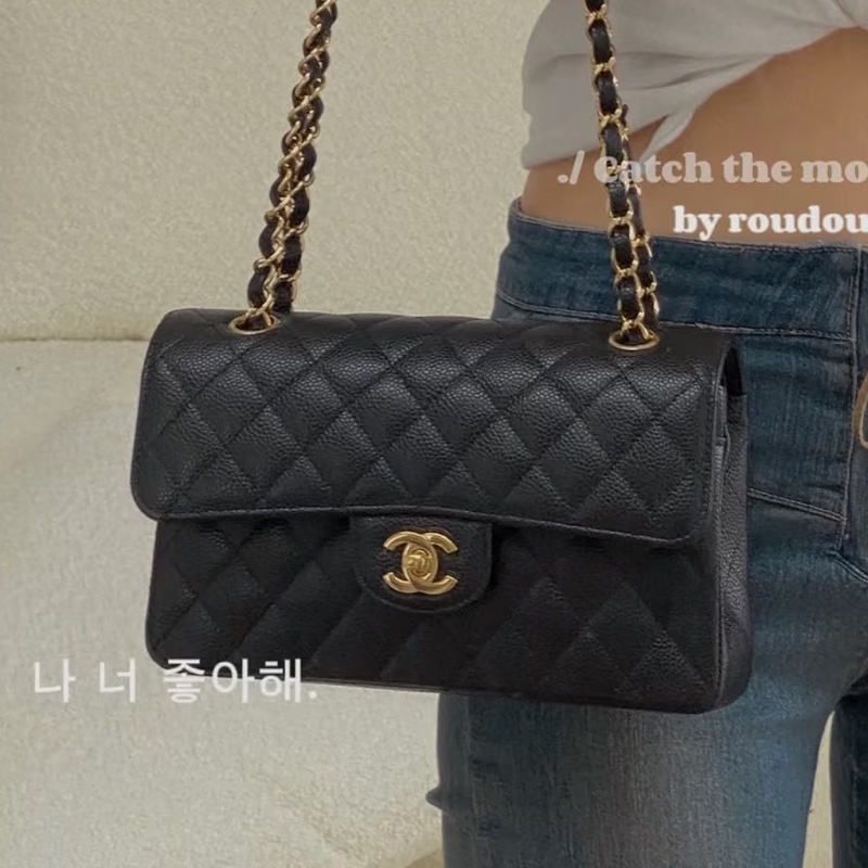 熱門火爆款🔥99新🈶購證😍Chanel黑金荔枝牛皮菱格小號CF鏈條包手提包單肩斜挎包❤️🔥-3