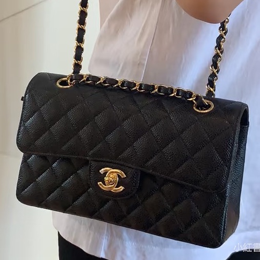熱門火爆款🔥99新🈶購證😍Chanel黑金荔枝牛皮菱格小號CF鏈條包手提包單肩斜挎包❤️🔥-4
