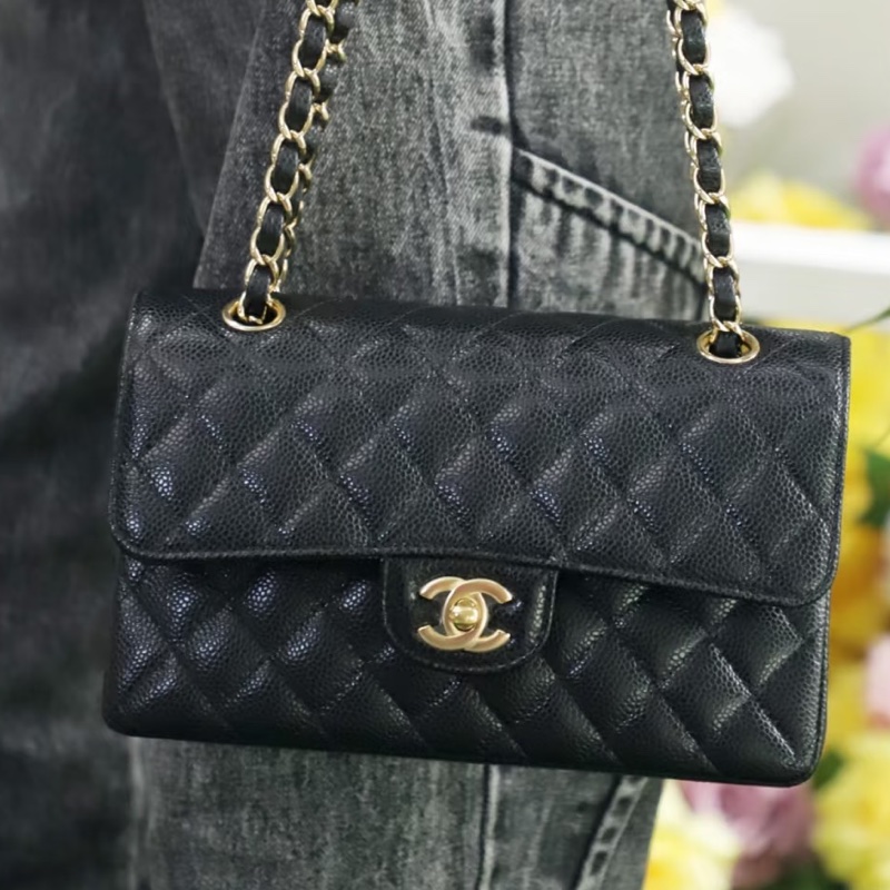 熱門火爆款🔥99新🈶購證😍Chanel黑金荔枝牛皮菱格小號CF鏈條包手提包單肩斜挎包❤️🔥-5