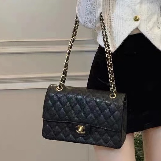 熱門火爆款🔥99新🈶購證😍Chanel黑金荔枝牛皮菱格小號CF鏈條包手提包單肩斜挎包❤️🔥-9