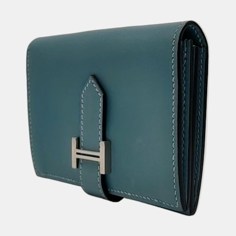 HERMES Bearn牛仔藍牛皮卡包銀色五金M刻-2