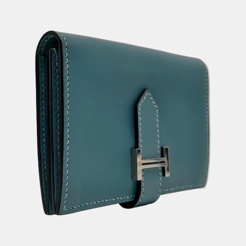 HERMES Bearn牛仔藍牛皮卡包銀色五金M刻-3